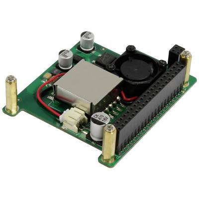 Elektronische Leiterplatte mit Lüfter, mehreren Kondensatoren und Anschlüssen auf einem grünen PCB.