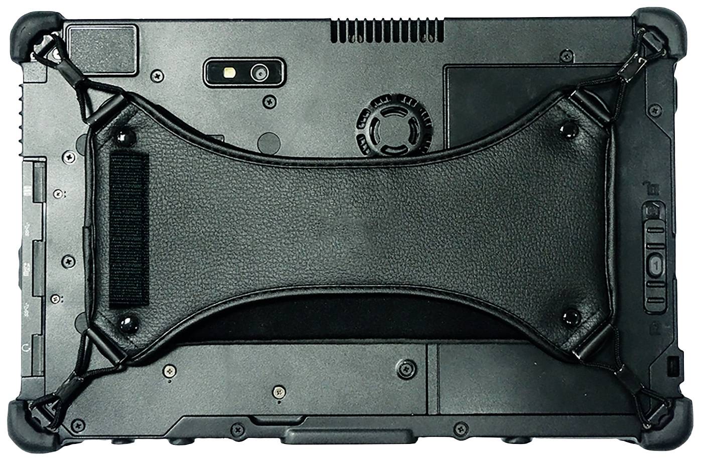 Ein robuster Tablet-PC mit Gummihalterung auf der Rückseite, geeignet für den Einsatz in anspruchsvollen Umgebungen.