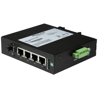 Ein kompakter Industrie-Netzwerk-Switch mit fünf Ports und grüner Anschlussklemme zur Datenübertragung in einem robusten Gehäuse.