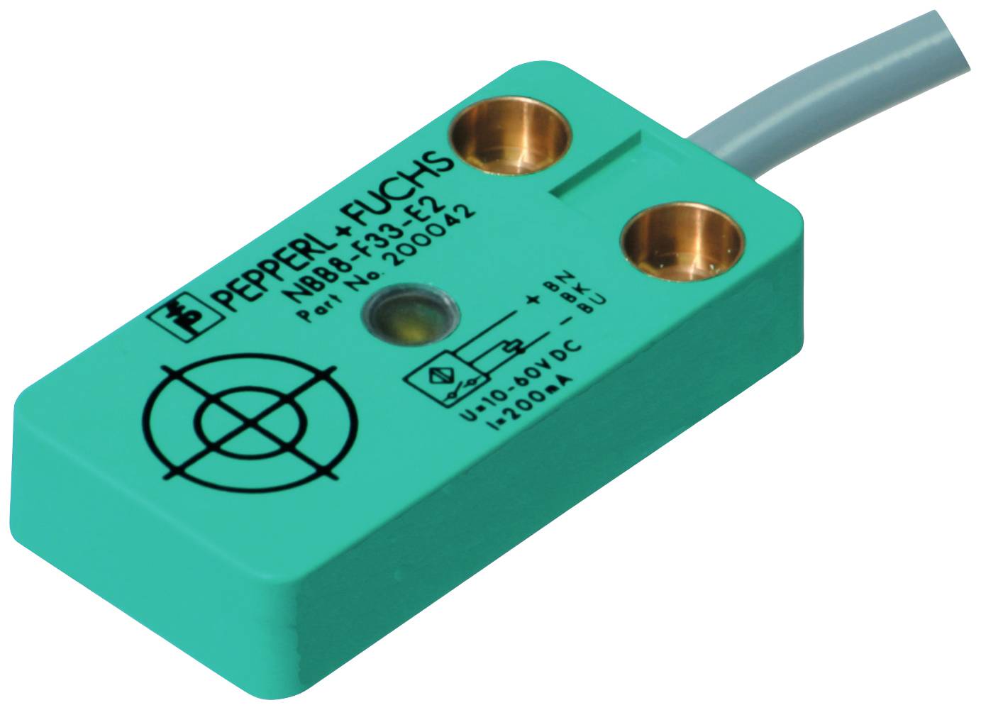 Ein rechteckiger, grüner Sensor von Pepperl+Fuchs mit zwei goldenen Schraublöchern und einem Kabel. Text: 'NBB4-12GM40-E2'.