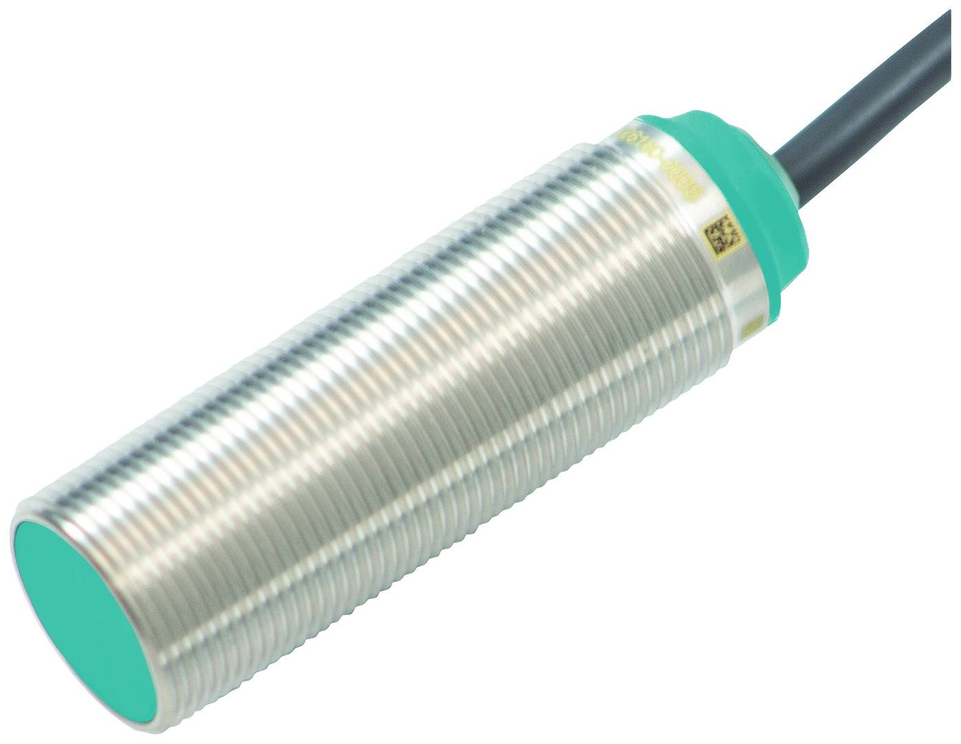 Zylindrischer, metallischer Sensor mit grünem Kopf und schwarzem Kabel, verwendet in industriellen Anwendungen zur Objekterkennung.