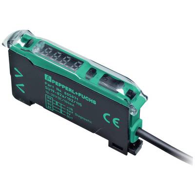 Ein schwarzer Sensor von Pepperl+Fuchs mit digitalem Display und Kabelanschluss. Markierungen für 'IN' und 'OUT' sind sichtbar.