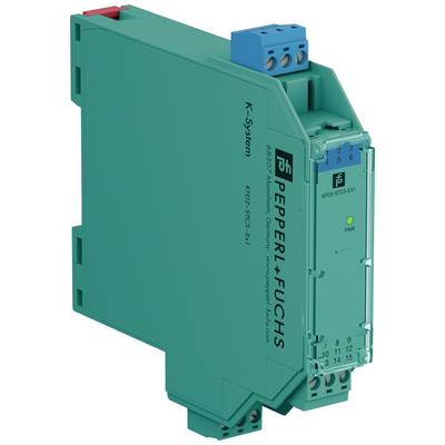 Grünes Pepperl+Fuchs K-System Modul mit blauer und grüner Anschlussleiste, Beschriftung zeigt elektronische Geräteeigenschaften.