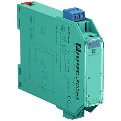 Industrie-Elektronikmodul in türkis mit mehreren Anschlussklemmen, markiert mit 'Pepperl + Fuchs', genutzt zur Signalübertragung.