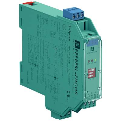 Ein grünes, rechteckiges elektronisches Bauteil mit Beschriftungen und Diagrammen, zeigt einen Eingang und Ausgang mit Anschlusspunkten.