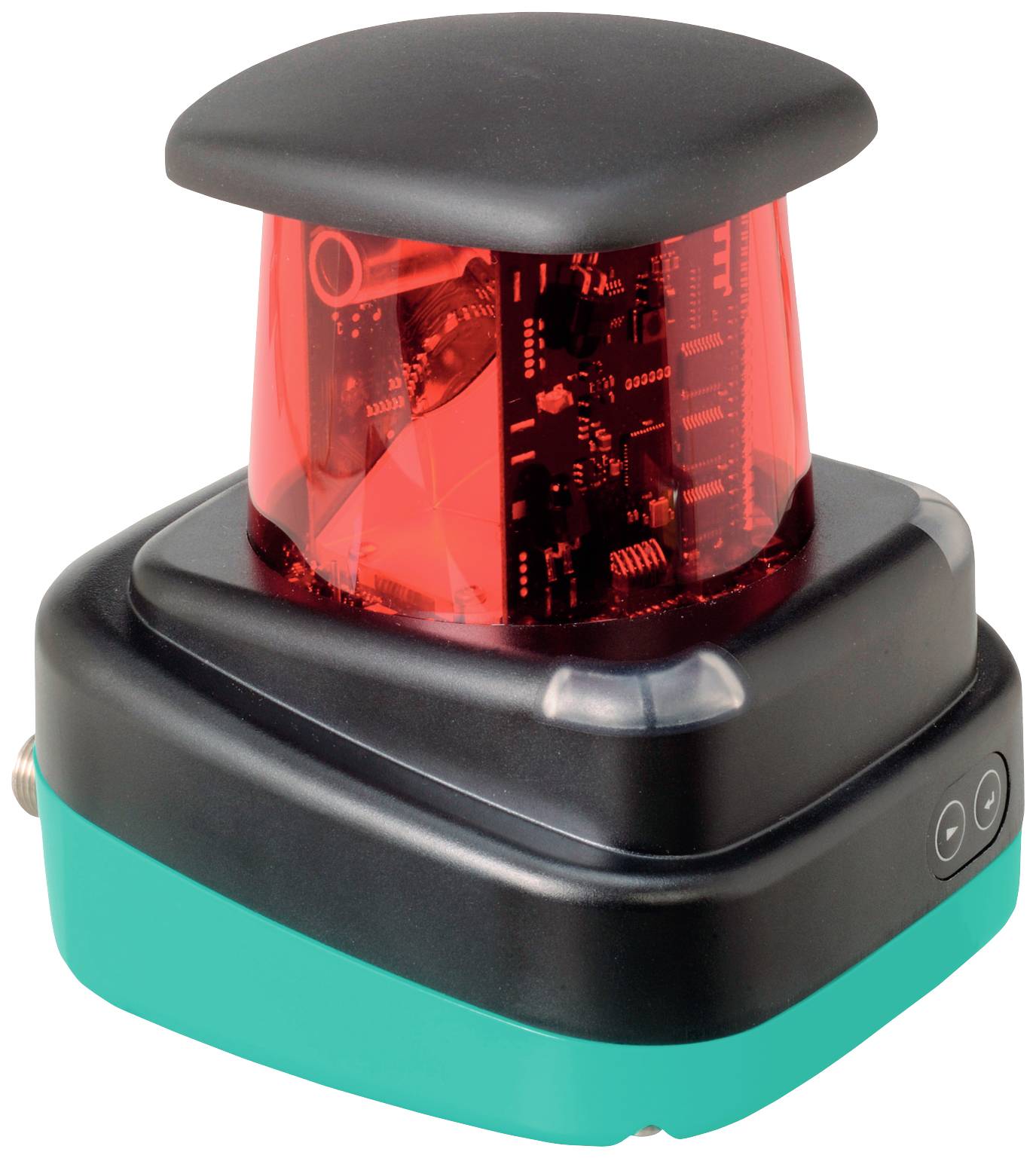 Ein Lidar-Sensor mit schwarzem Gehäuse und rotem Abdeckungsmodul. Wird zur Erkennung und Messung von Umgebung eingesetzt.