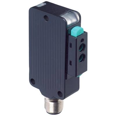 Ein schwarzer rechteckiger elektrischer Sensor mit grünem Knopf und Metallanschluss.