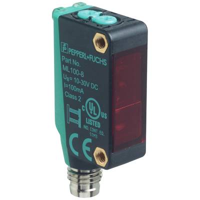 Ein rechteckiger Sensor der Marke Pepperl+Fuchs. Modell "ML100-8" mit Spannung 'UB=10-30V DC' und Strom 'I=100mA'.
