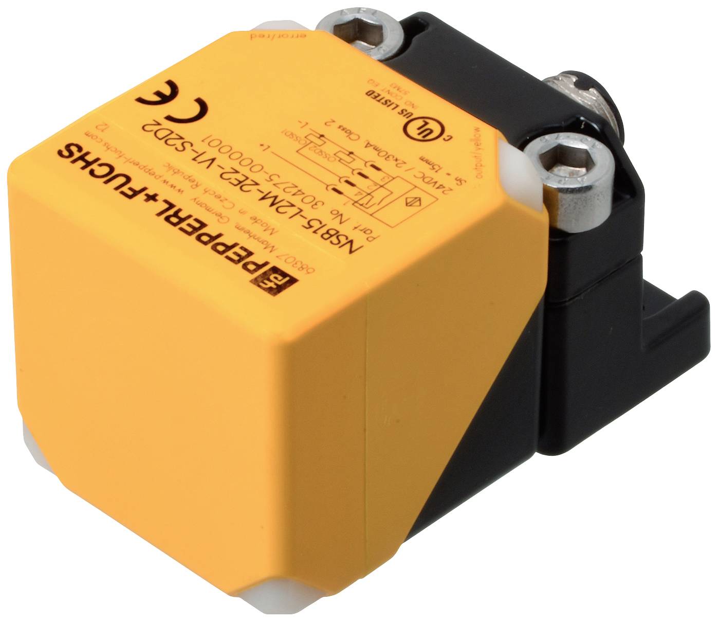 Induktiver Sensor in gelbem Kunststoffgehäuse mit schwarzen Halterungen, geeignet für industrielle Anwendungen.