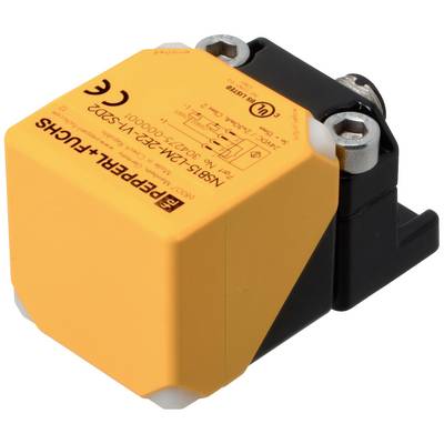 Induktiver Sensor in gelbem Kunststoffgehäuse mit schwarzen Halterungen, geeignet für industrielle Anwendungen.