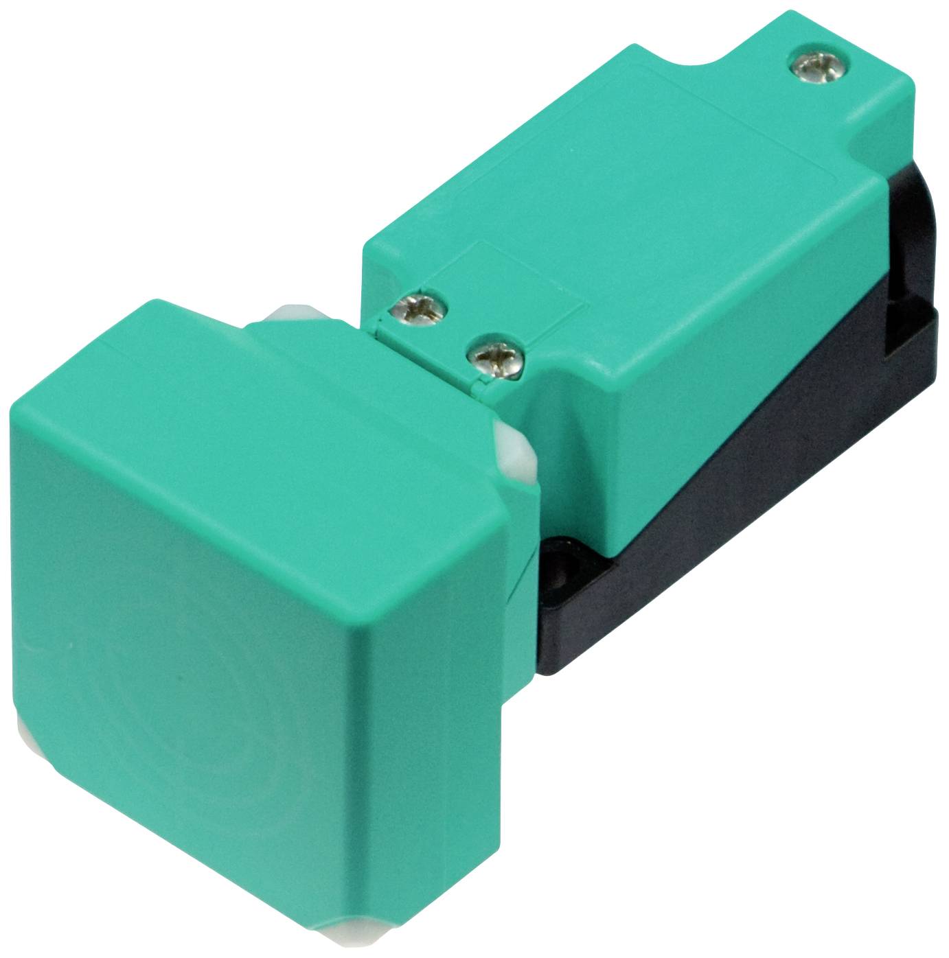 Ein quadratischer, grüner Näherungsschalter mit schwarzer Basis. Er hat zwei sichtbare Schrauben oben.