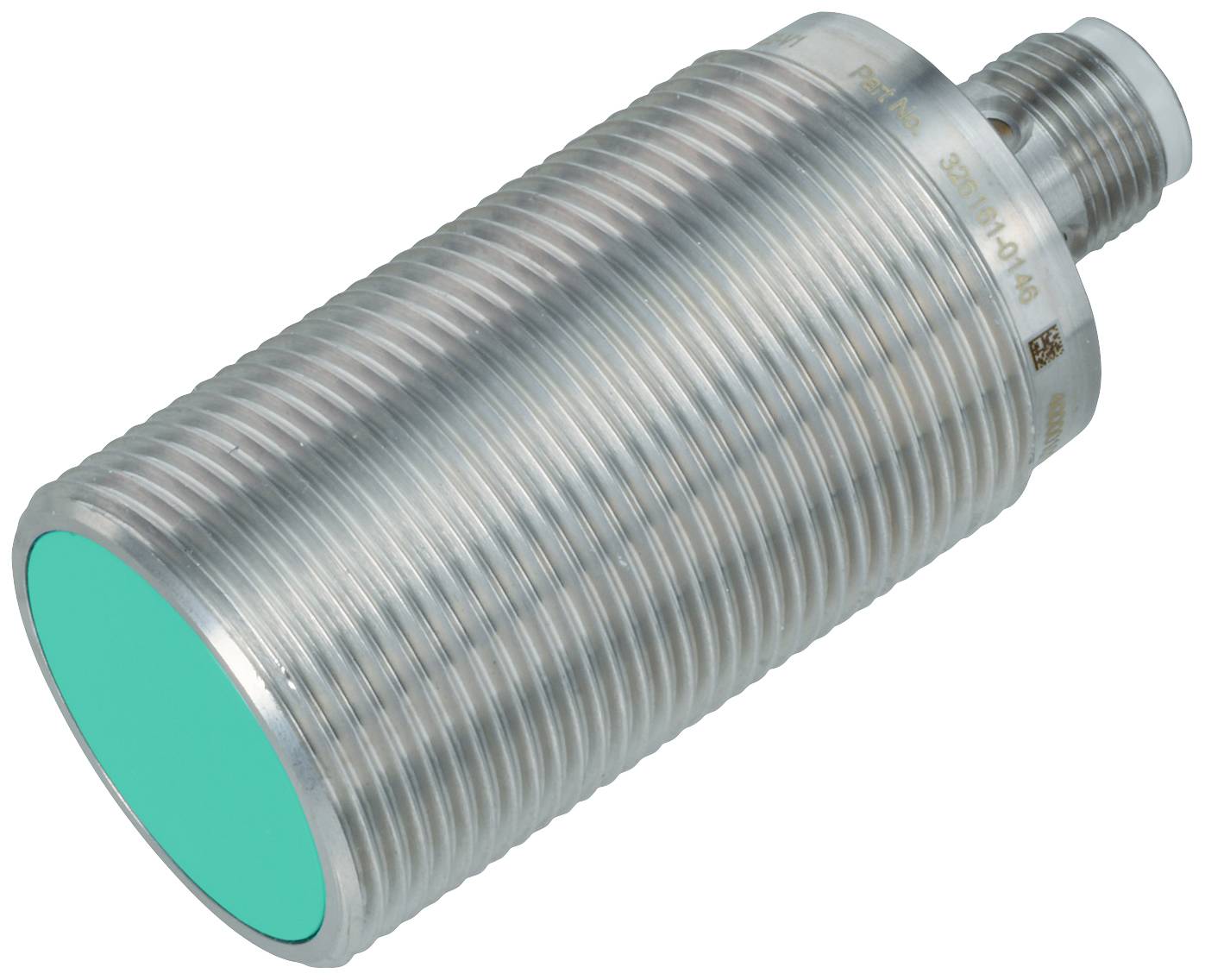 Zylindrischer Sensor aus Metall mit grünem Frontabschlussteil und einem Steckverbinderausgang. 
