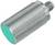 Zylindrischer Sensor aus Metall mit grünem Frontabschlussteil und einem Steckverbinderausgang. 