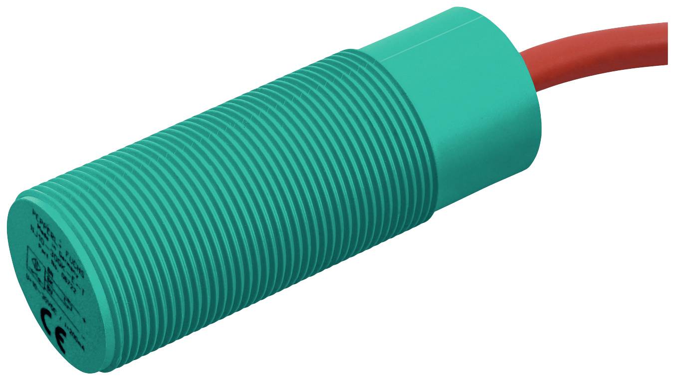 'Zylindrischer induktiver Sensor mit rotem Kabel. Er wird zur Erkennung von Metallobjekten in automatisierten Prozessen verwendet.'