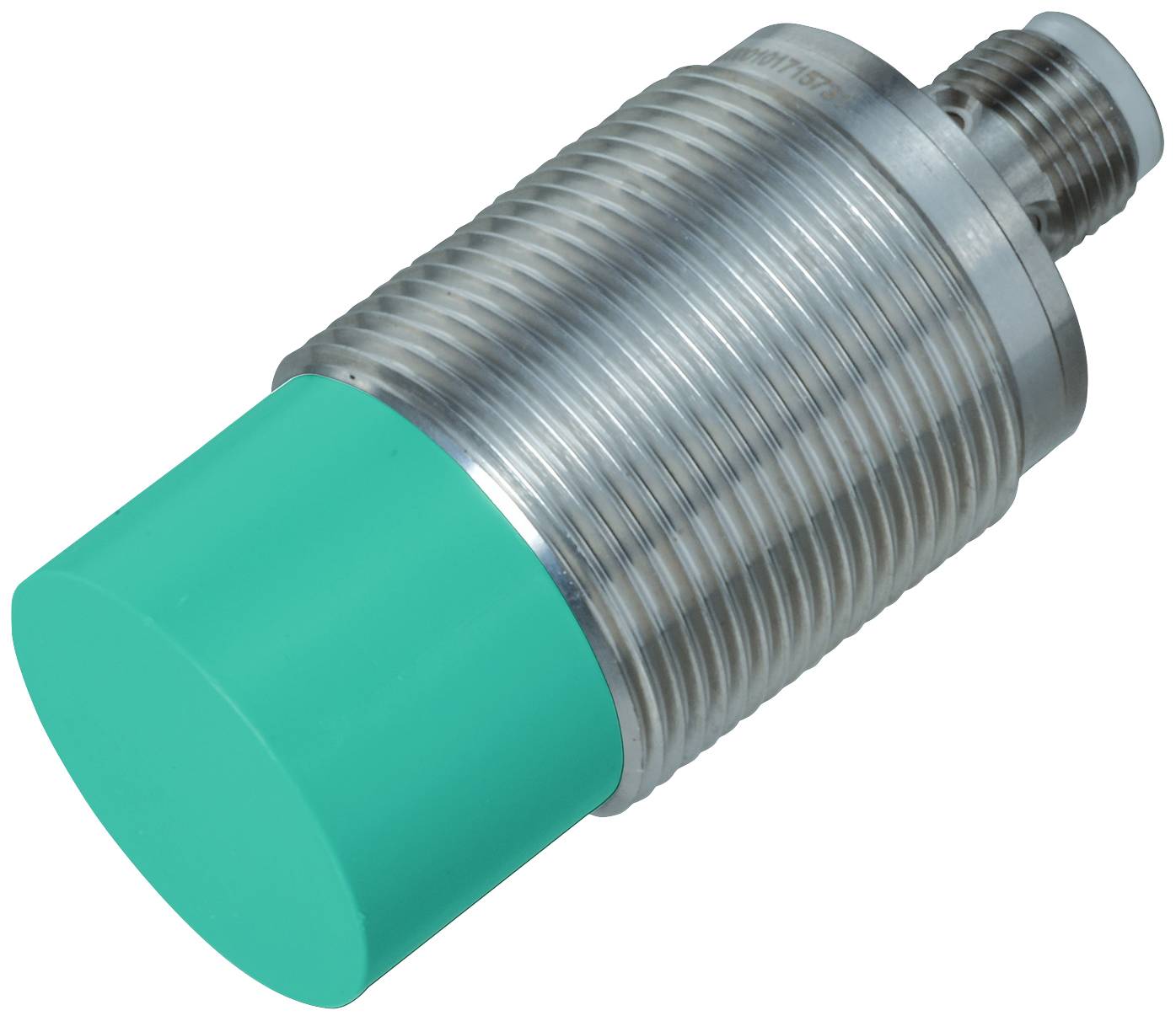 Zylindrischer, metallischer Sensor mit grünem, abgerundetem Endstück und Anschluss am hinteren Ende.
