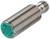 Ein zylindrischer Näherungssensor aus Metall mit grüner Endkappe. Text auf der Kappe enthält technische Spezifikationen und Zertifizierungen.