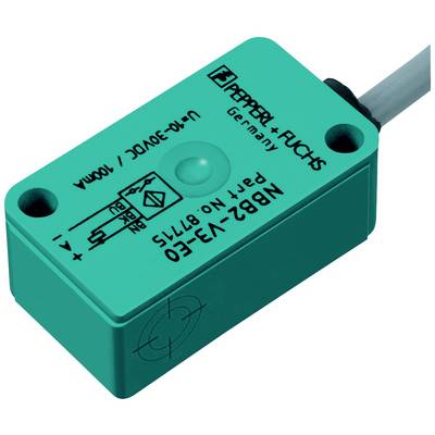 Ein rechteckiger, grüner Induktiv-Näherungssensor mit Beschriftung für elektrische Spezifikationen und Herstellerangaben.