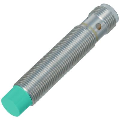 Ein zylindrischer, metallischer Sensor mit gerippter Oberfläche und einem grünen Kopf. Verwendet zur Erkennung in industriellen Anwendungen.