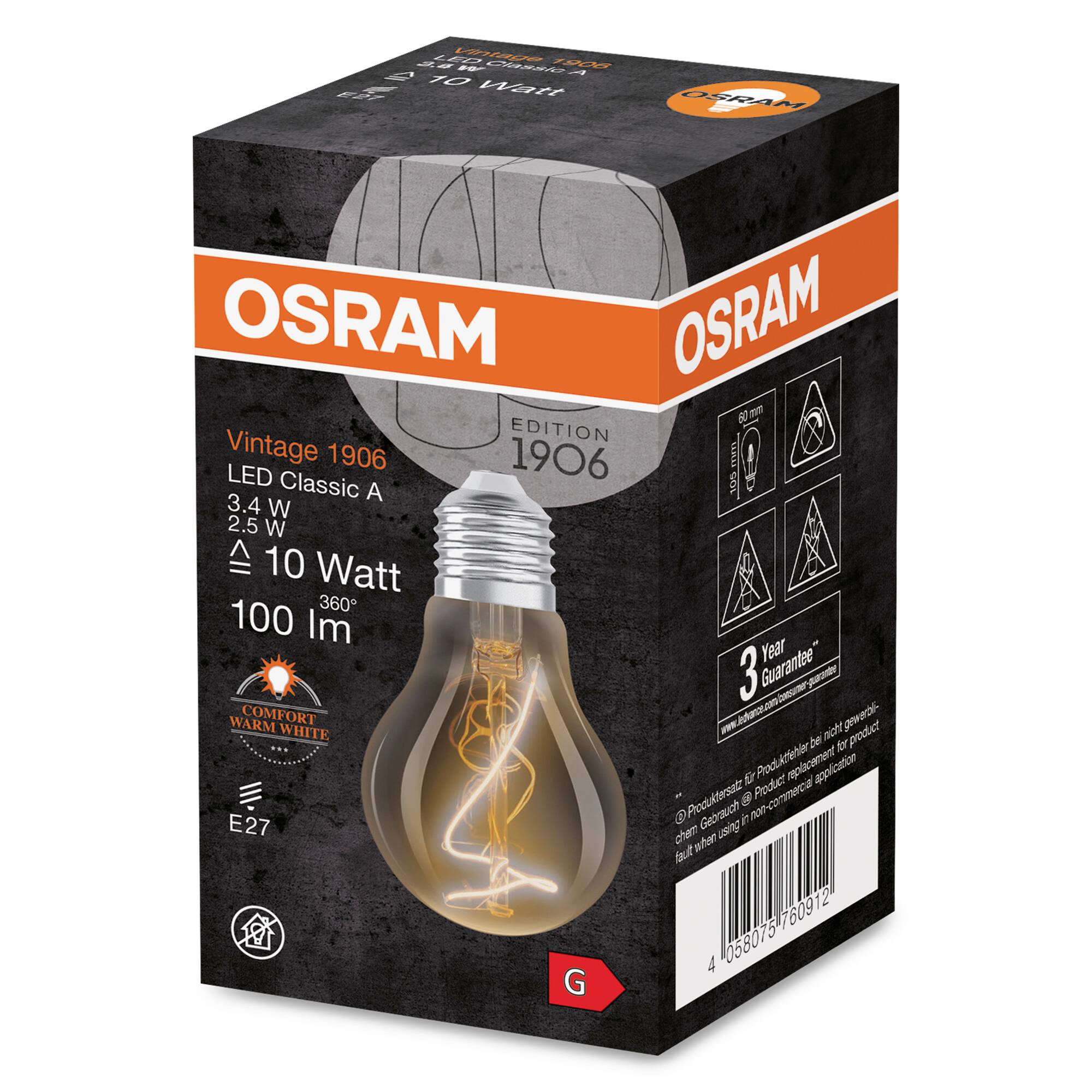 Verpackung einer OSRAM Vintage 1906 LED-Lampe, 3,4 Watt, 100 Lumen, warmweißes Licht, E27-Sockel, mit 3 Jahren Garantie.
