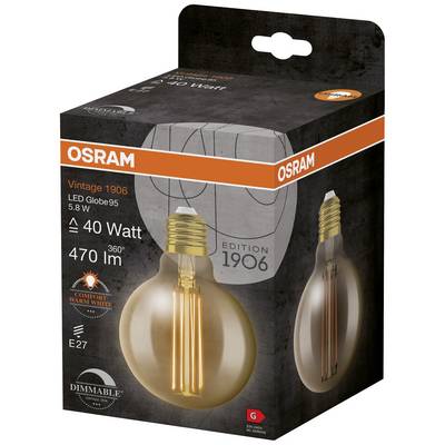 Verpackung einer OSRAM Vintage 1906 LED-Glühbirne. Details: 5,8 Watt, 470 Lumen, warmweißes Licht, dimmbar, E27-Fassung.