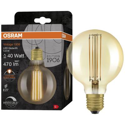 Eine 40-Watt-LED-Glühbirne von OSRAM, Vintage 1906 Edition, E27-Sockel, warmweißes Licht, 470 Lumen, dimmbar, verpackt vor der Glühbirne.