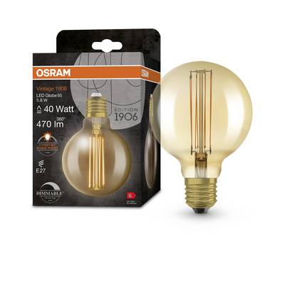 'Osram Vintage 1906' LED-Glühbirne, 40 Watt, E27, 470 lm, dimmbar, in Verpackung gezeigt. Retro-Design mit goldener Patina.