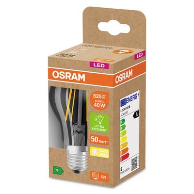 Eine LED-Glühbirne von OSRAM in der Verpackung, mit einer Energieeffizienzklasse A, 2,5W Leistung und einem warmweißen Licht bei 40W Ersatz.