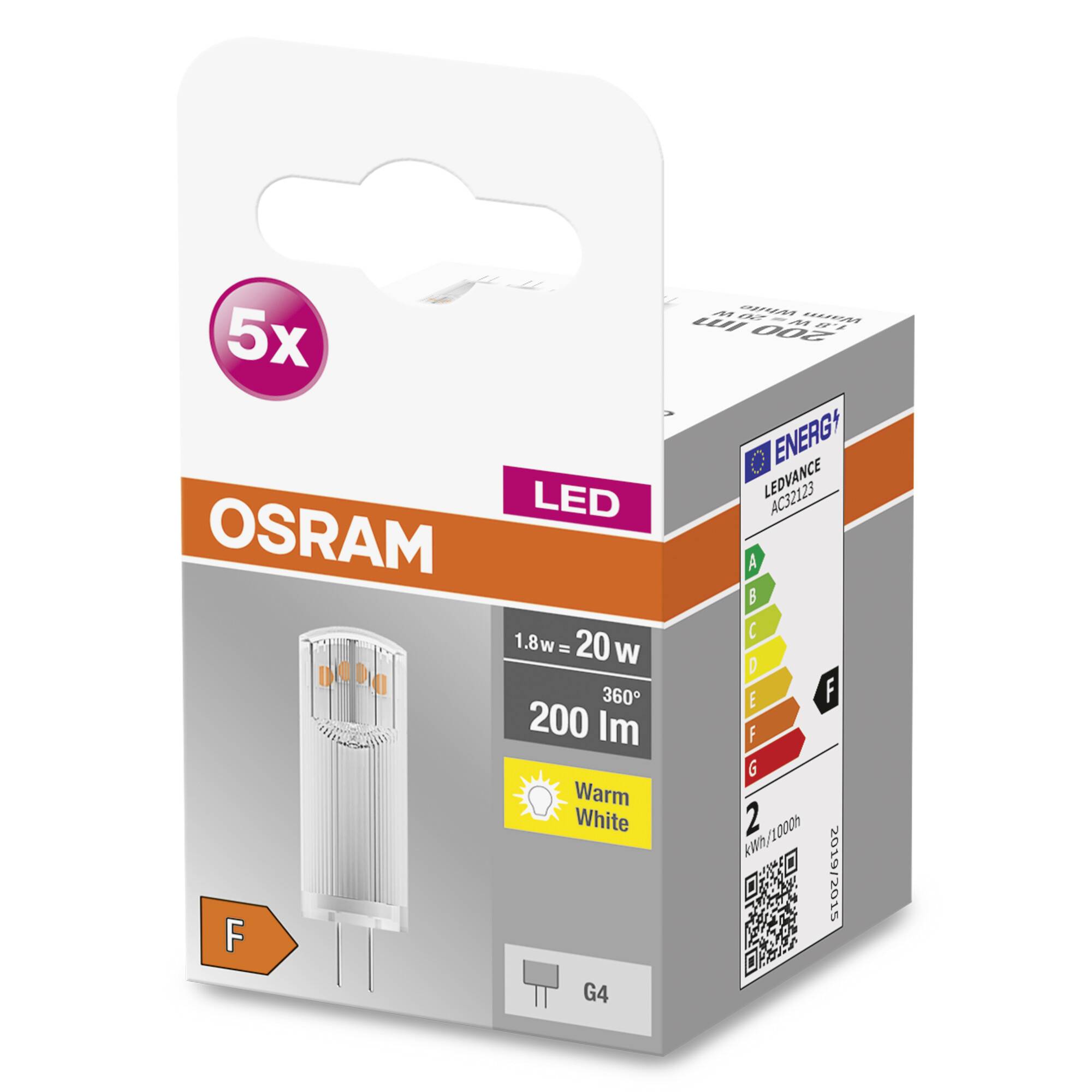 Verpackung einer OSRAM LED G4 Lampe, 5 Stück. Leistung: 1,8W; entspricht 20W. Lichtstrom: 200 Lumen. Energieklasse: F. Farbe: Warmweiß.