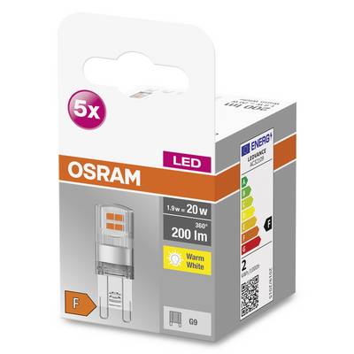 'OSRAM LED-Leuchtmittel G9, 5 Stück, 1,9 W ersetzt 20 W, 200 lm, warmweiß, Energieklasse F, Abbildung der Verpackung.'