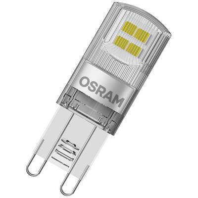 LED-Lampe von OSRAM. Transparenter Zylinder mit gelben Leuchtflächen oben. Geeignet für G4-Fassungen, kompakte Bauweise.