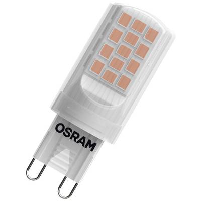 Weiße LED-Lampe mit G9-Sockel. Oben befinden sich mehrere rechteckige Leuchtelemente. Der Sockel trägt die Aufschrift 'OSRAM'.