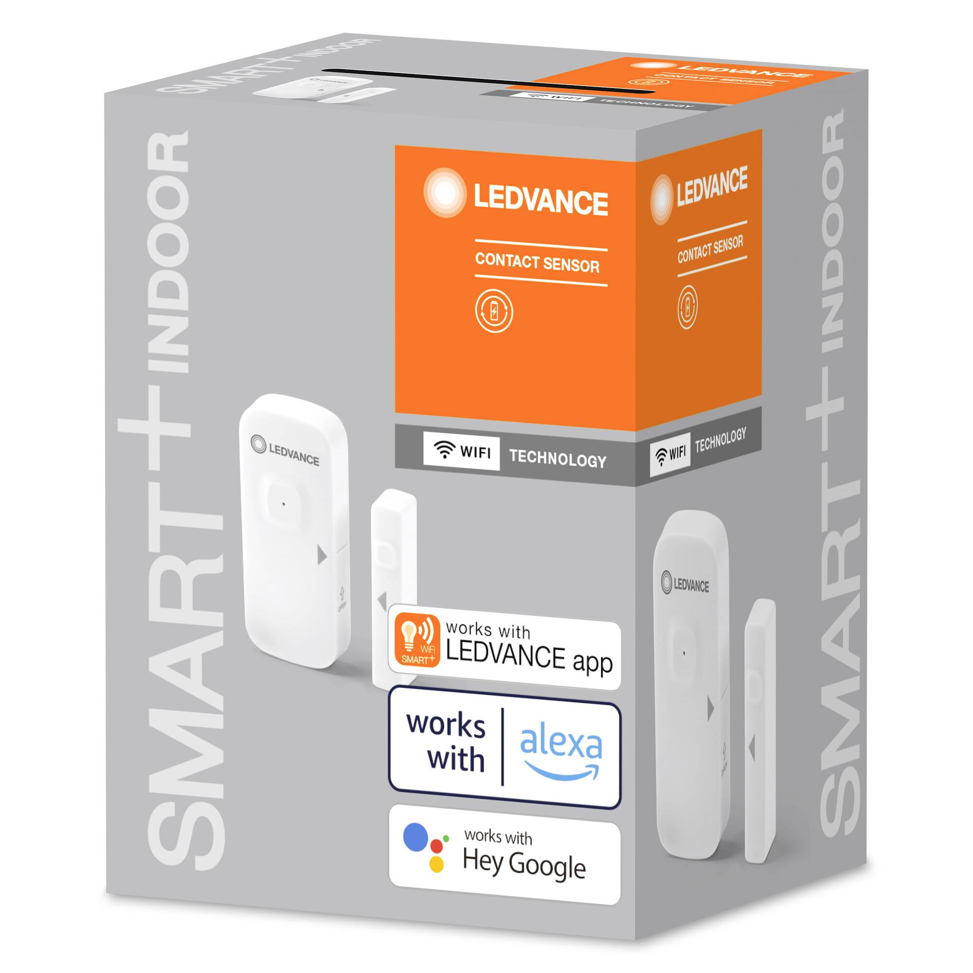 Eine graue Verpackung mit einem LEDVANCE Kontaktsensor. Text: 'SMART+ INDOOR', 'works with LEDVANCE app', 'works with Alexa', 'works with Hey Google'.