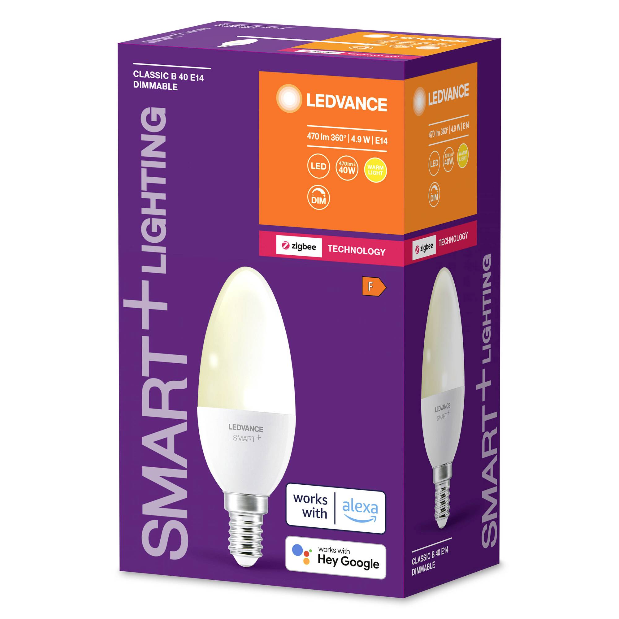 Verpackung einer dimmbaren LED-Lampe der Marke Ledvance, 470 Lumen, A++ Energieeffizienz, kompatibel mit Alexa und Google Assistant.
