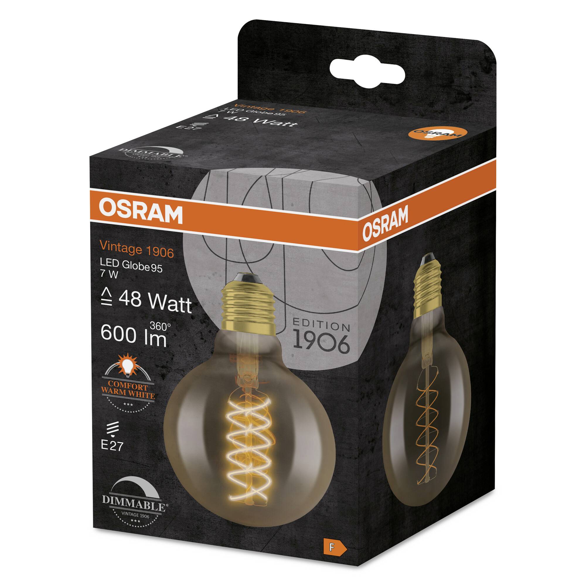 Glühbirnenverpackung mit der Aufschrift 'OSRAM Vintage 1906'. LED Globe 95, 7W, 600 Lumen, dimmbar, E27 Fassung, warmweißes Licht.