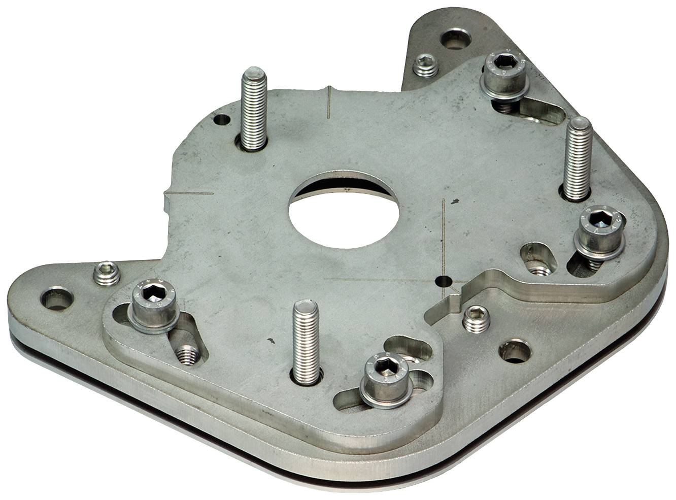 Metallplatte mit zentraler kreisförmiger Öffnung, mehreren Schrauben und Befestigungselementen. Verwendung: Mechanische Verbindung.