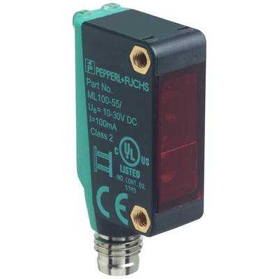 Ein rechteckiger Sensor von Pepperl+Fuchs, Modellnummer ML100-55, mit einem Gleichspannungsbereich von 10-30V und 100mA Stromaufnahme.