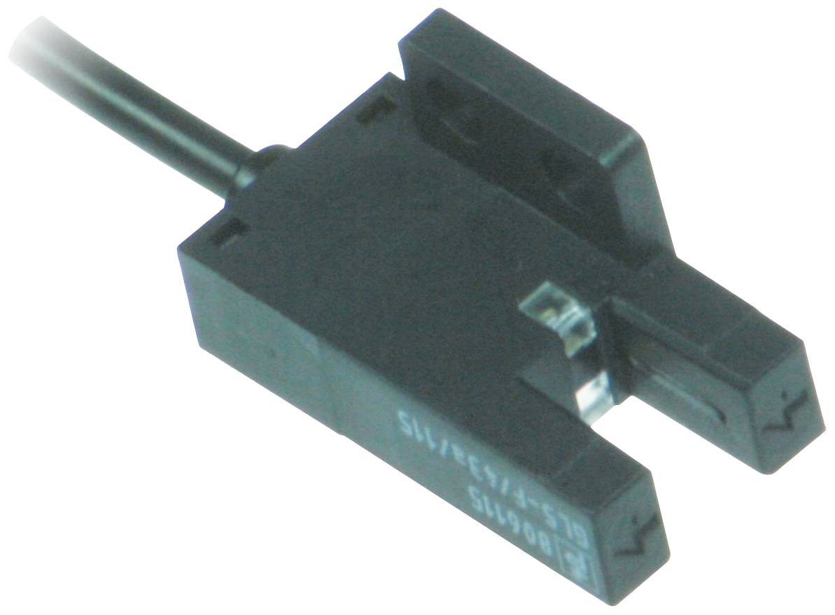 Ein schwarzer, U-förmiger Lichtschranken-Sensor mit Anschlusskabel, verwendet zur Erkennung von Bewegung oder Position eines Objekts.