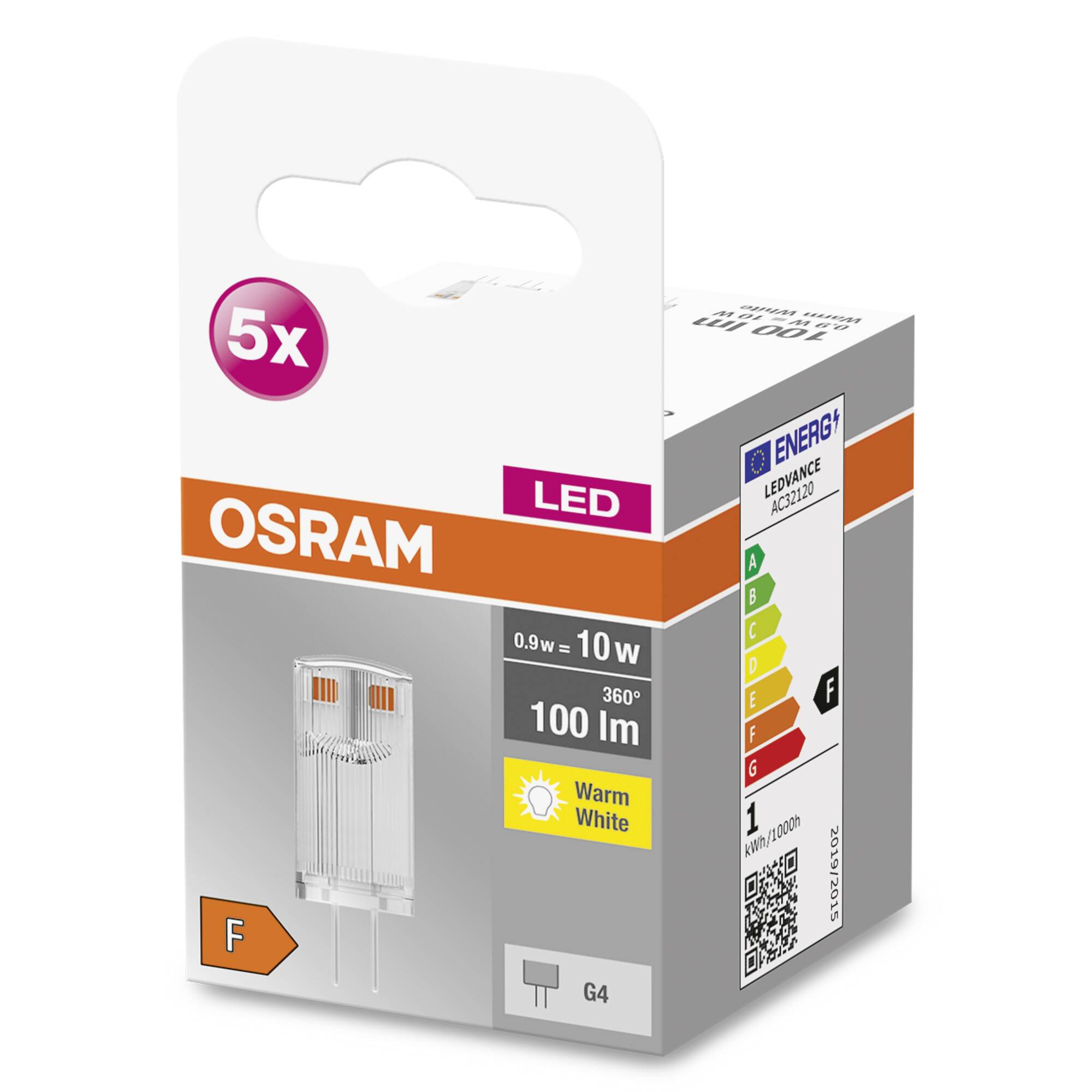 Energiesparlampe OSRAM LED G4, 5er-Pack, 0,9W ersetzt 10W, 100 Lumen, warmweiß, Energieeffizienzklasse F, 360° Abstrahlwinkel.