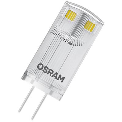 LED-Lampe, zweipoliger Sockel, Marke OSRAM, transparentes Gehäuse mit sichtbaren gelben LED-Dioden, energiesparendes Leuchtmittel.