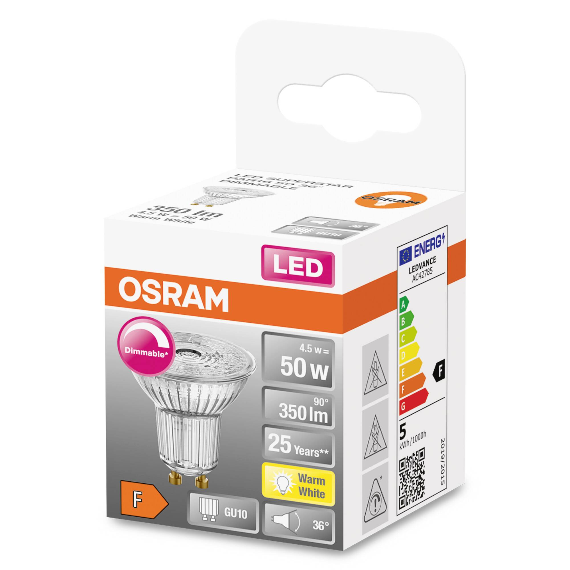 LED-Glühbirne von Osram in Verpackung. Dimmbar, 4,5 W, 350 lm, warmweiß, 90° Abstrahlwinkel. Energieklasse F, Lebensdauer 25 Jahre.
