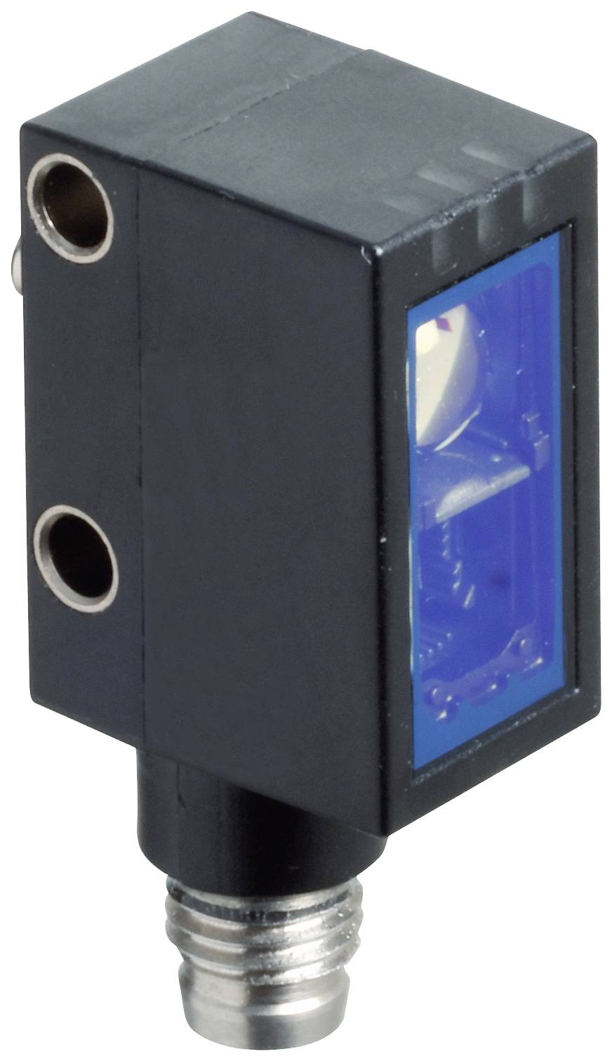 Ein rechteckiger, schwarzer Sensor mit blauer Fläche und zwei runden Öffnungen an der Seite, ausgestattet mit einem Metallanschluss unten.