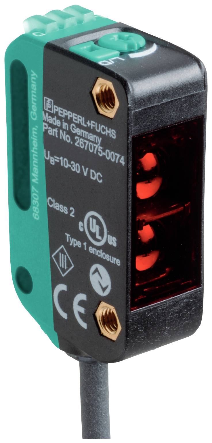 Optischer Sensor von Pepperl+Fuchs, grün-schwarz, mit zwei roten Linsen, Modellnummer 267075-0074, Spannung 10-30 V DC.