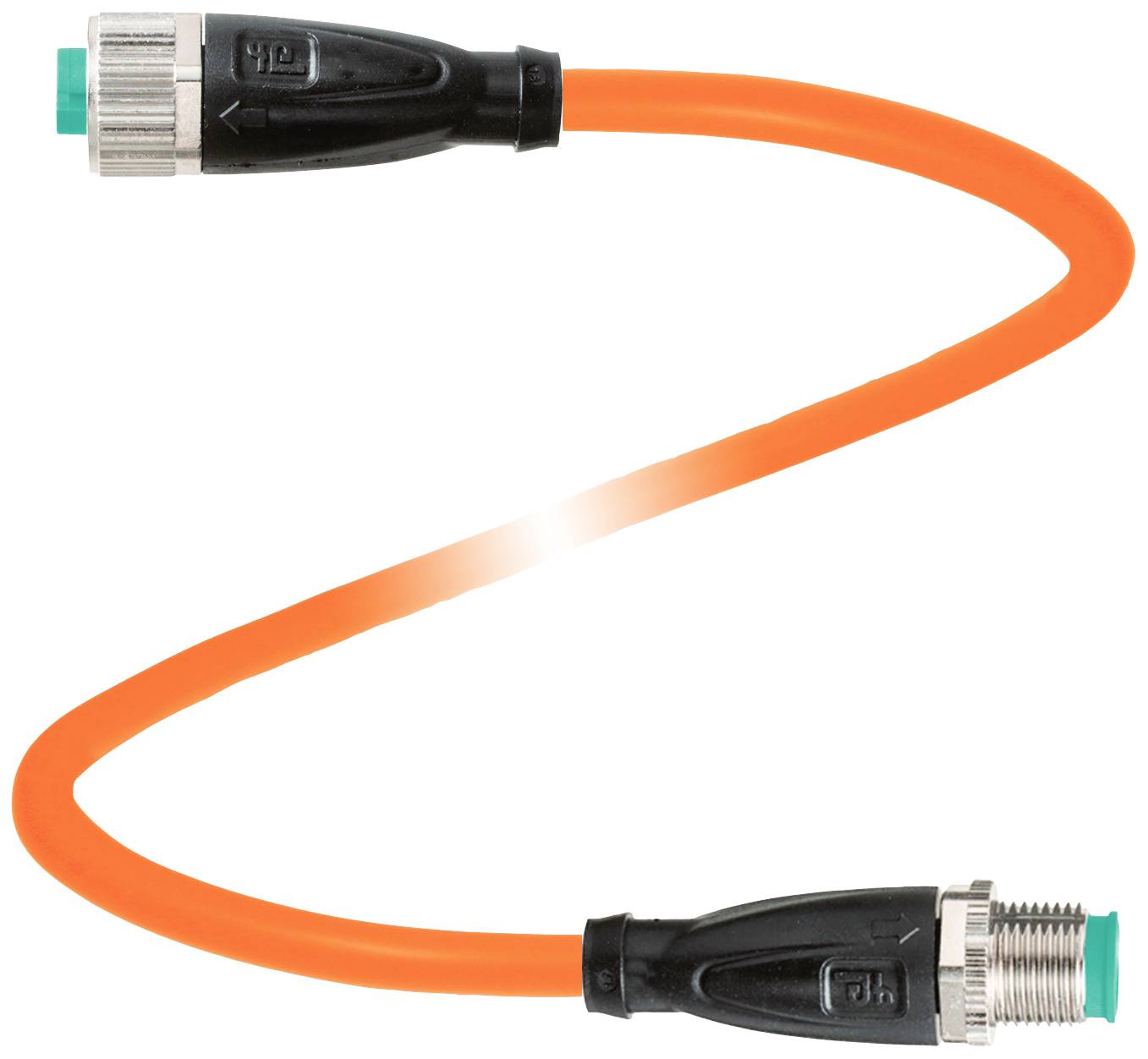 Ein oranges Kabel mit schwarzen Enden. Eines der Enden hat einen silbernen Anschluss und das andere einen grünen Anschluss.