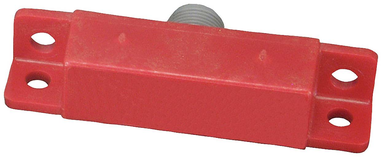 Roter Plastikschalter mit Schraubbefestigung, rechteckige Form, vier Löcher an den Ecken für die Montage.