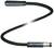 Ein schwarzes, geschwungenes Audiokabel mit XLR-Stecker am einen und XLR-Buchse am anderen Ende vor weißem Hintergrund.
