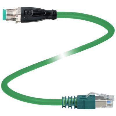 Grünes Ethernet-Kabel mit M12-Stecker links und RJ45-Stecker rechts vor weißem Hintergrund.