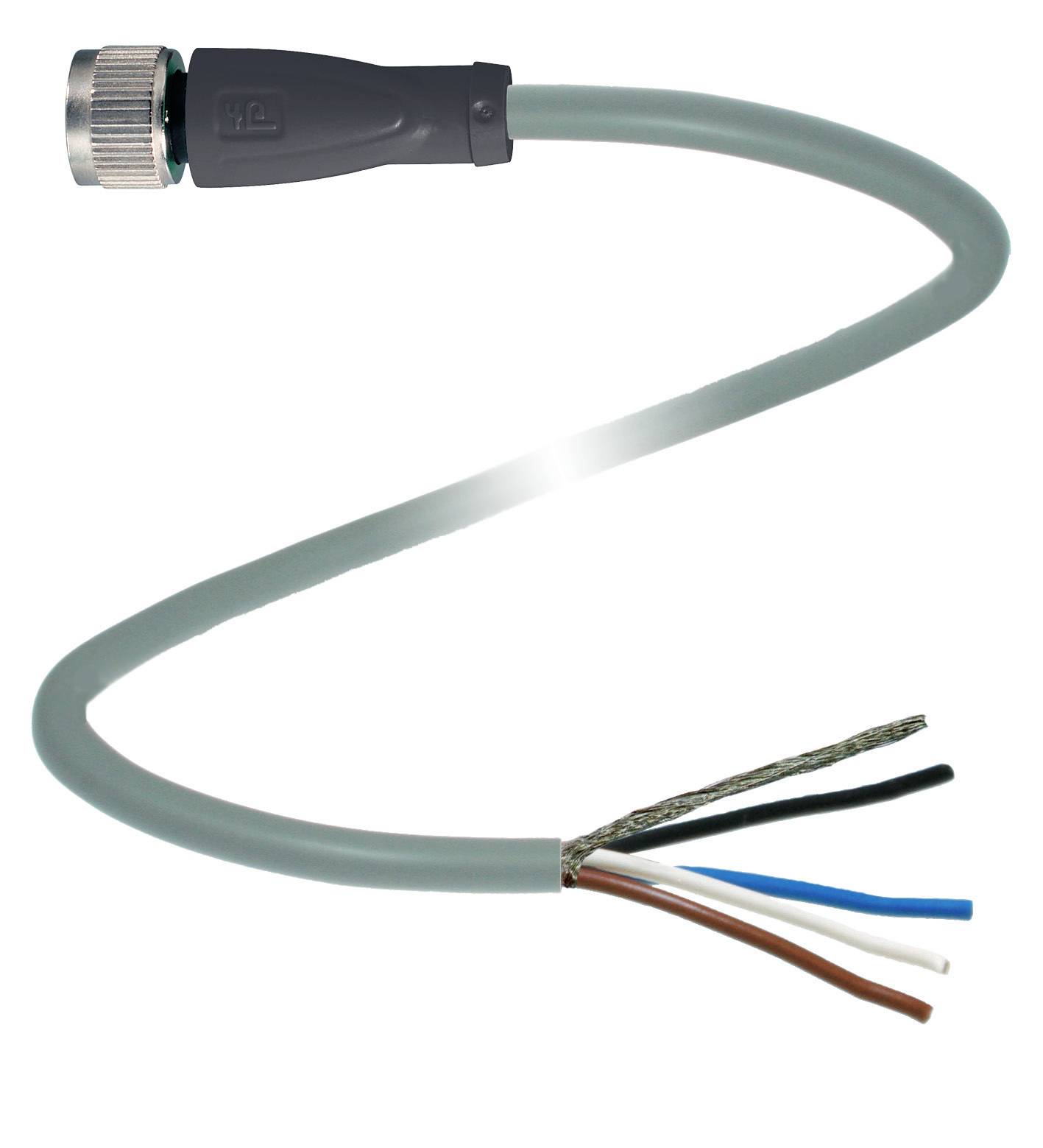 'Abgebildet ist ein graues elektrisches Kabel mit Stecker an einem Ende und freiliegenden Adern in verschiedenen Farben am anderen Ende.'