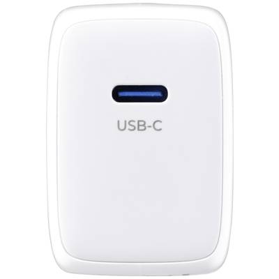 Ein weißes USB-C-Ladegerät mit einer blauen USB-C-Buchse in der Mitte.