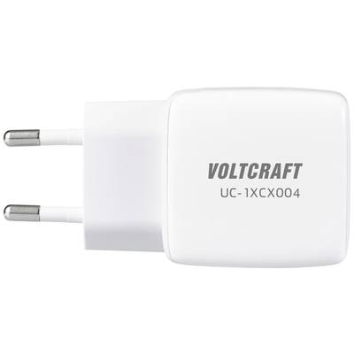 Weißes USB-Ladegerät 'VOLTCRAFT UC-1XCX004' mit zwei Steckdosenstiften, für europäische Steckdosen geeignet.