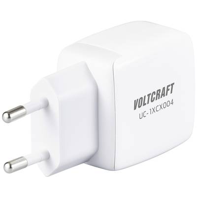Weißes USB-Ladegerät mit EU-Stecker, seitlich bedruckt mit 'VOLTCRAFT UC-1XCX004'.